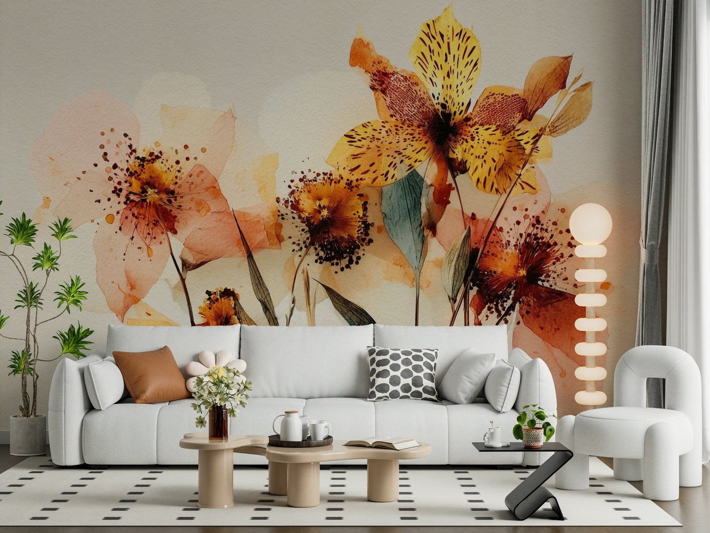 In this modern living room, Watercolor Bloom Wall Mural adds warm petal depth beautifully, GD7915