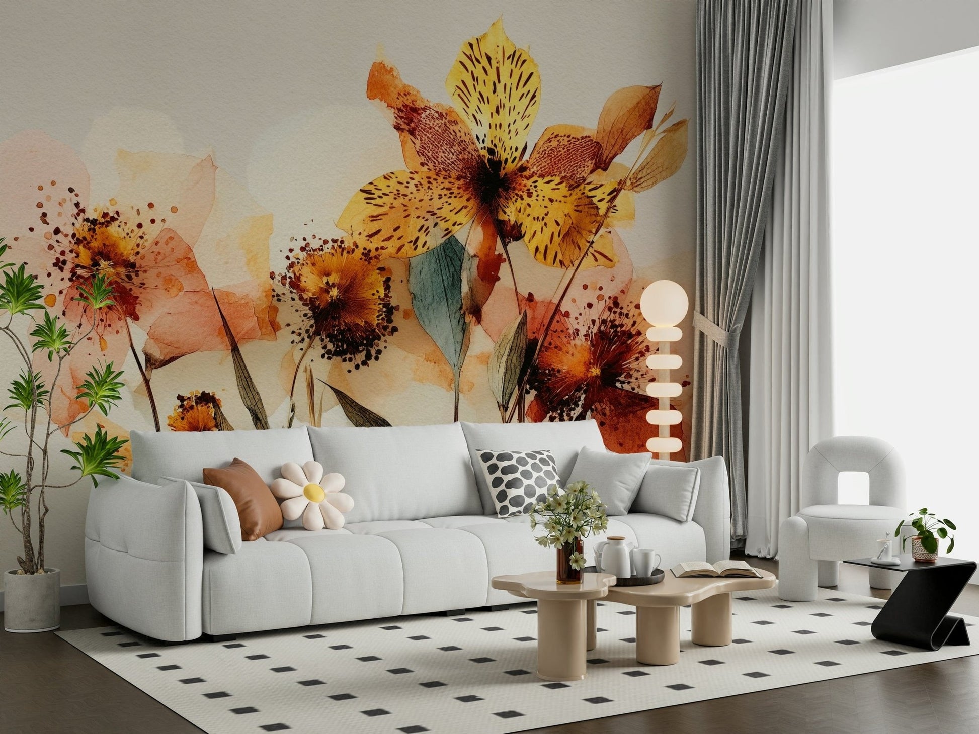 Watercolor Bloom Wall Mural pairs naturally with this lounge and its light neutral styling, GD7915