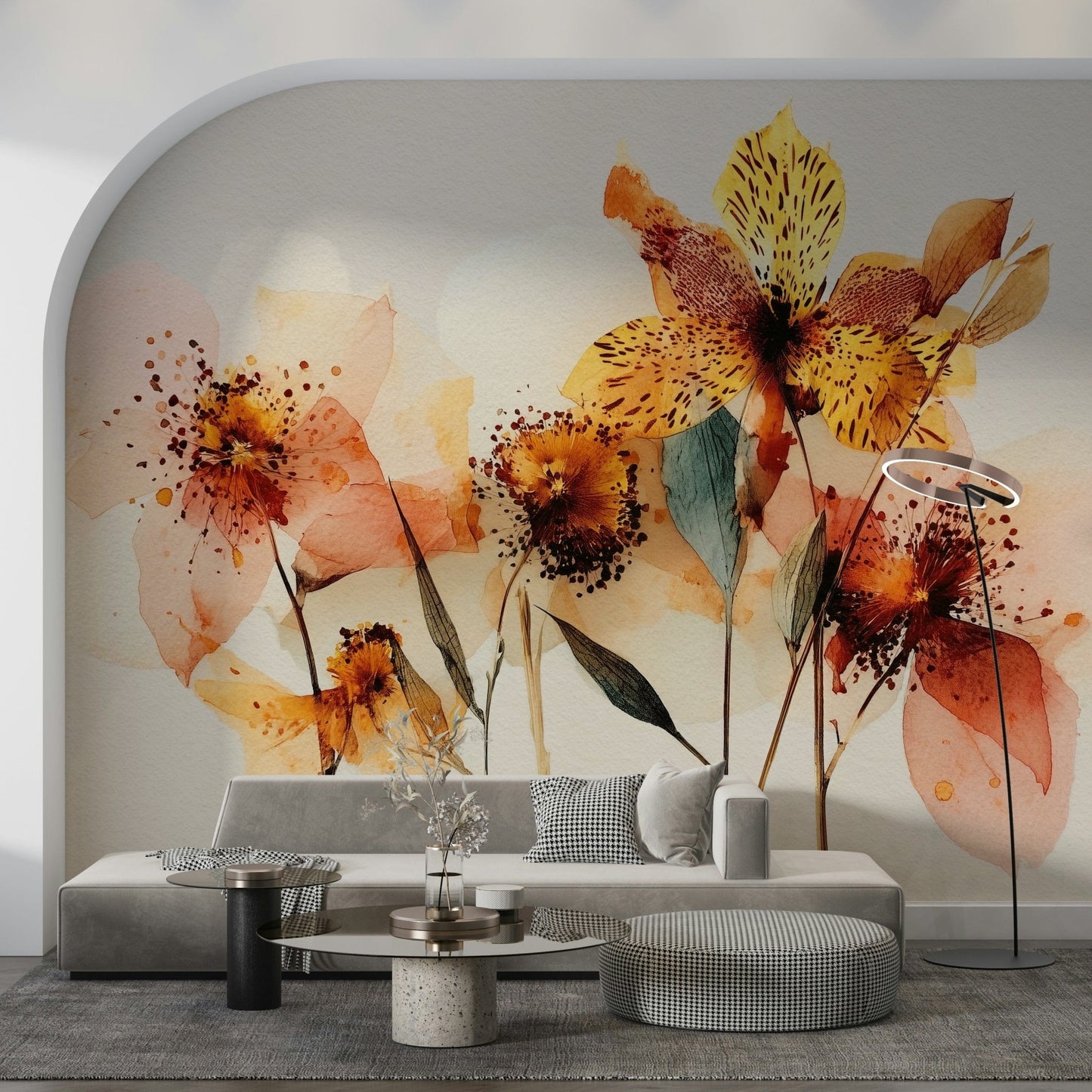 Framed inside an arched alcove, Watercolor Bloom Wall Mural creates a graceful focal point, GD7915