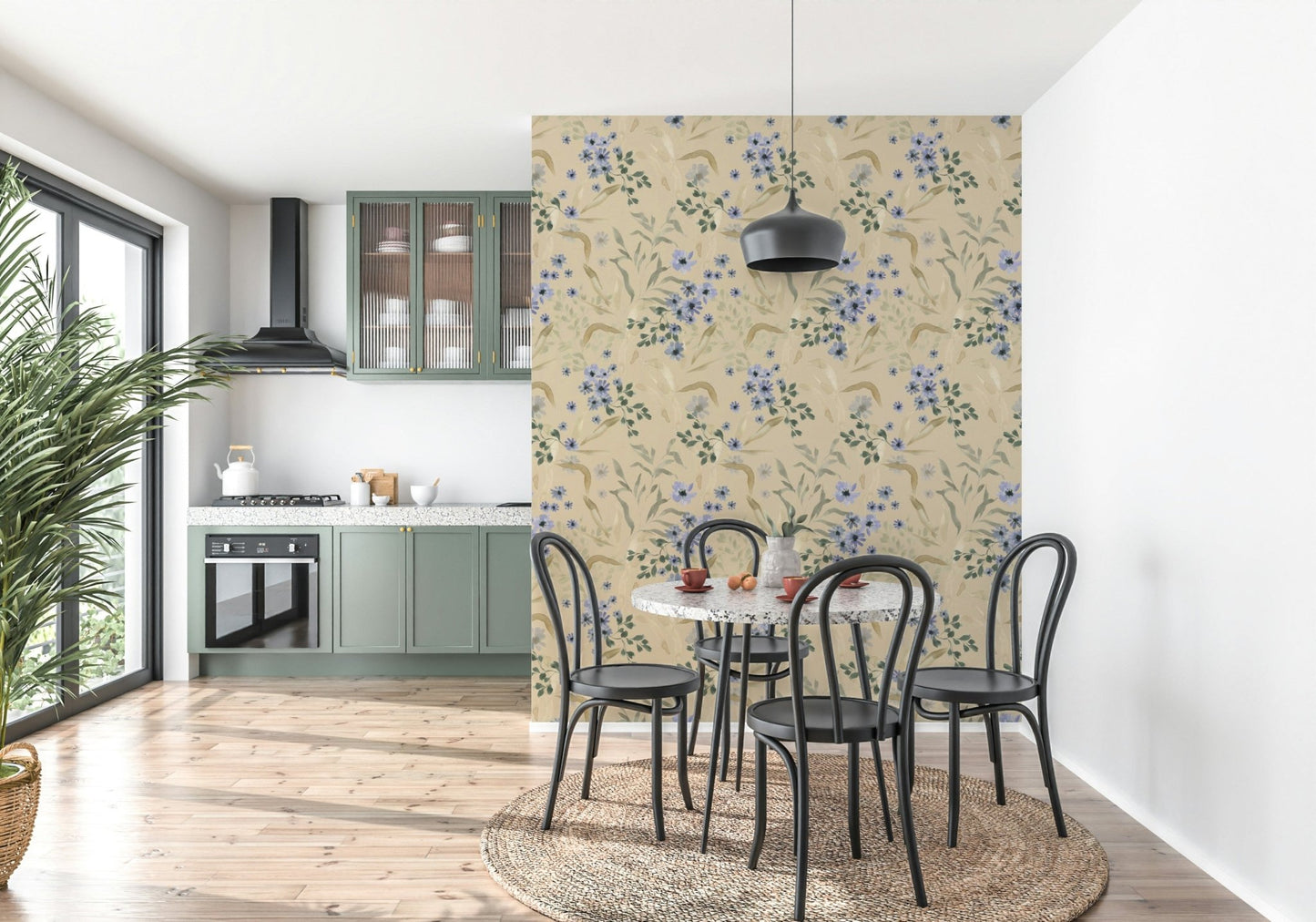 Designer Watercolor Bloom Wallpaper mural, with flowing watercolor leaves.