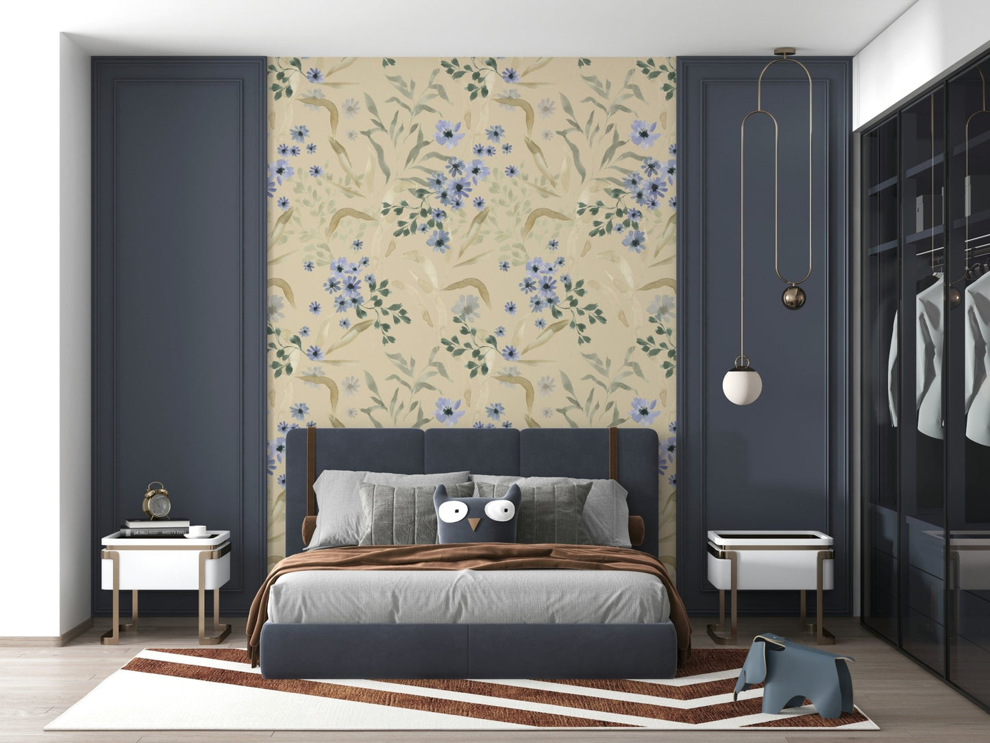 Modern Watercolor Bloom Wallpaper mural, enhancing a stylish room design.