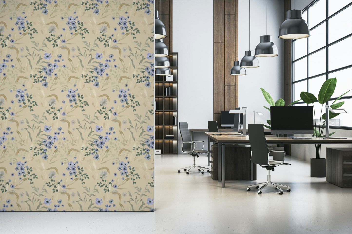 Easy application Watercolor Bloom peel and stick wallpaper.