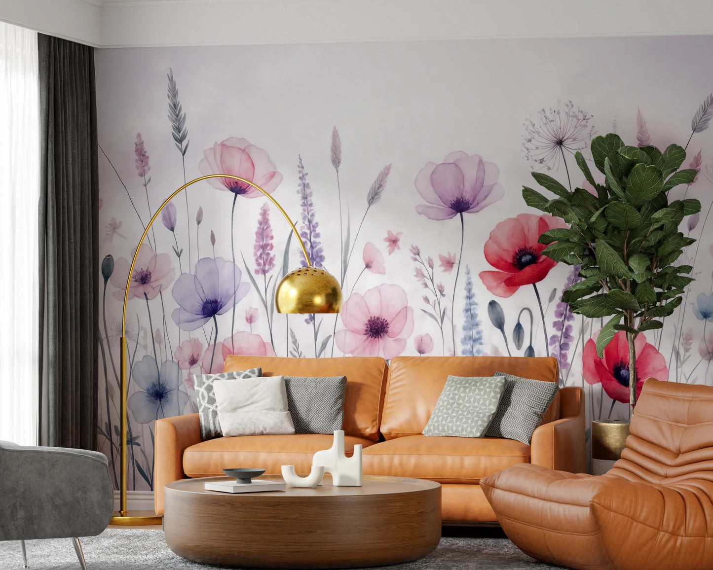 Hand painted floral watercolor wall mural design