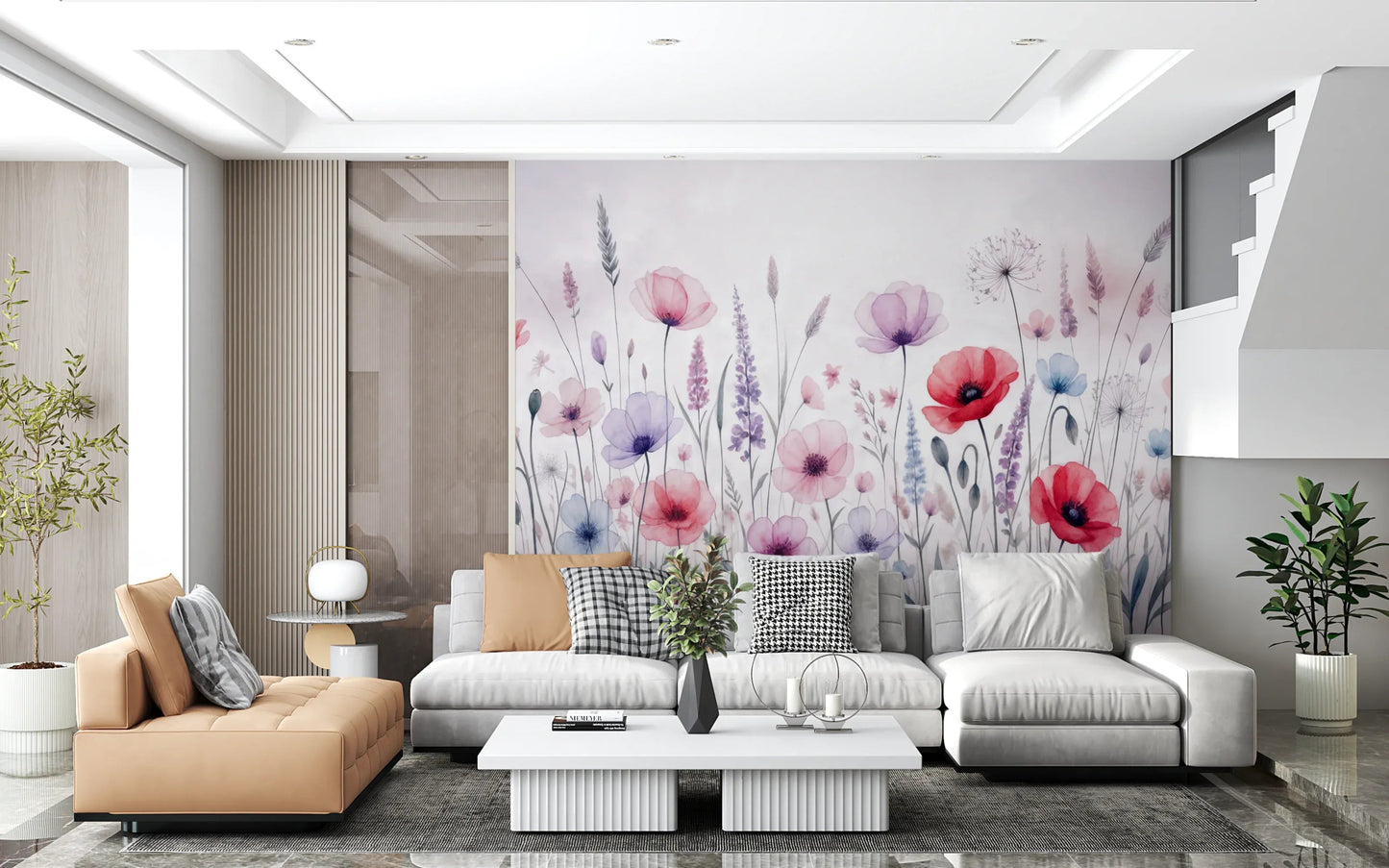 Watercolor floral mural with blush and lavender tones