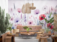 Light pastel flower wall mural with hand painted look