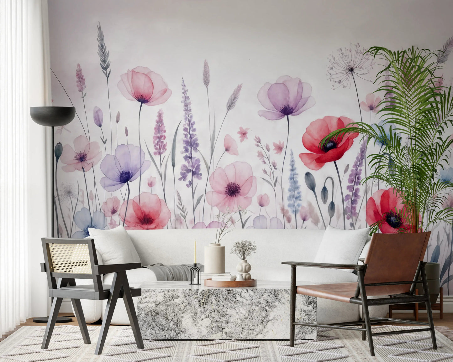 Delicate pastel flowers illustrated on wall mural