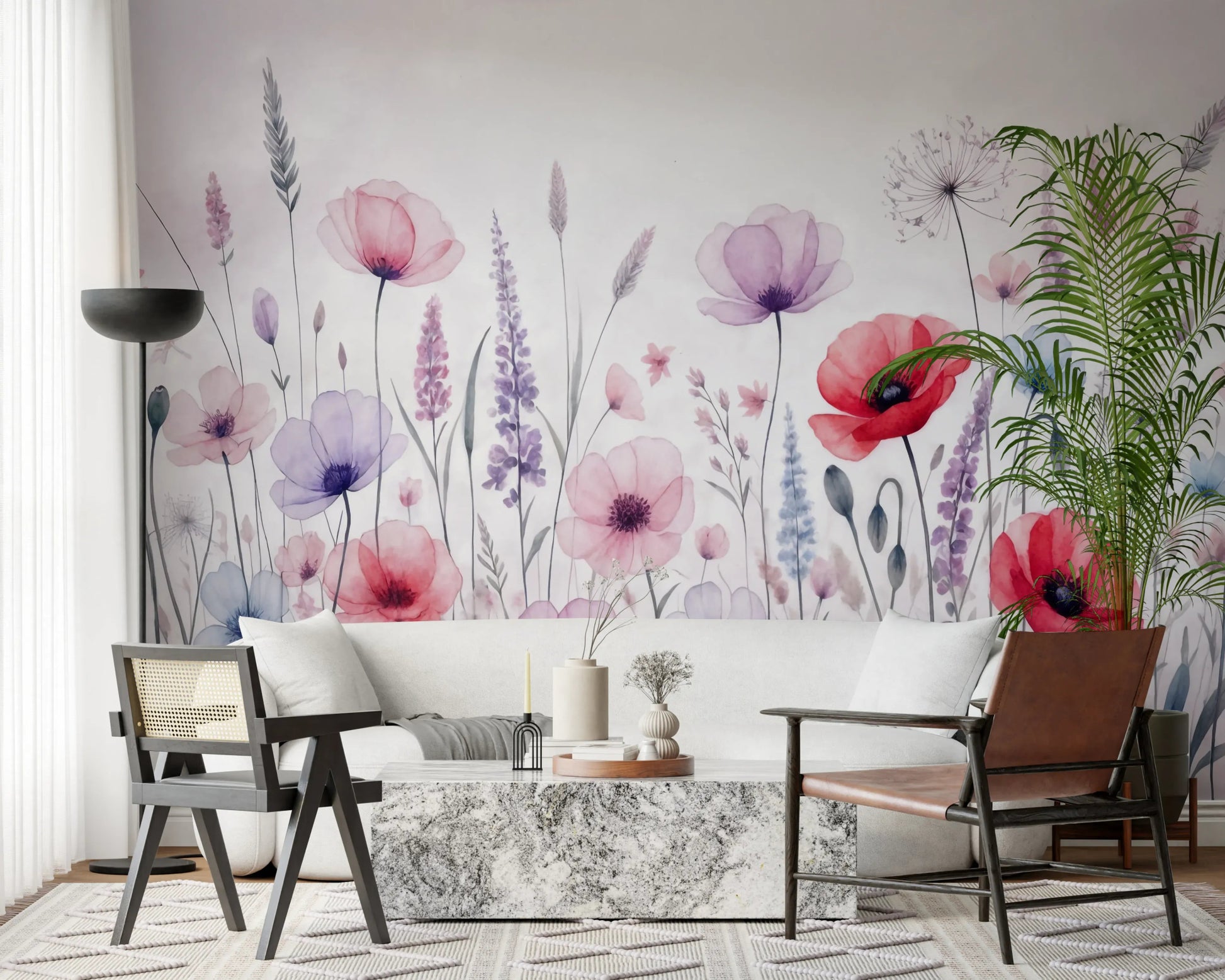 Delicate pastel flowers illustrated on wall mural