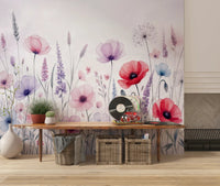 Soft floral wall mural in watercolor painting style