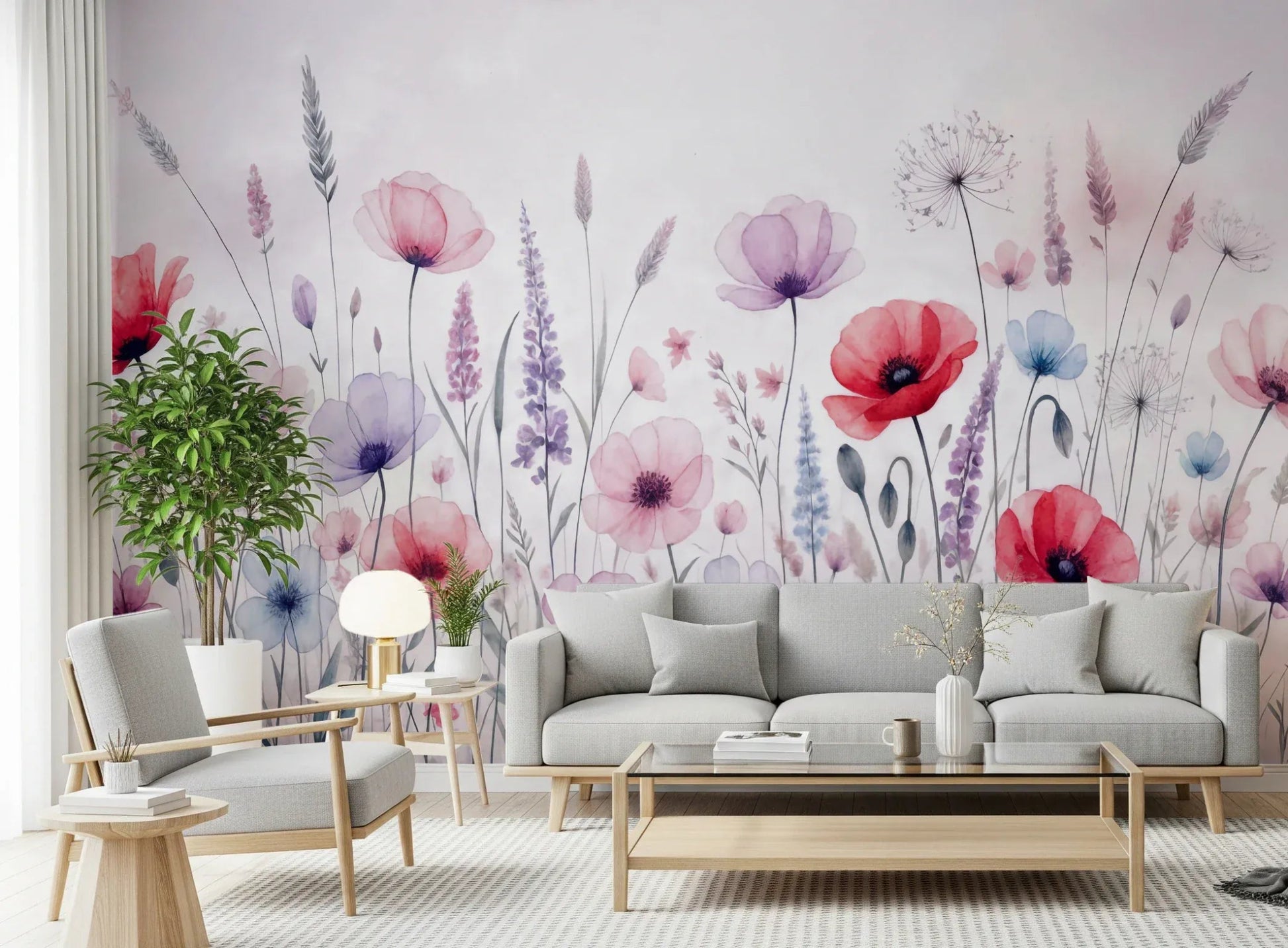 Artistic watercolor bloom wall mural for living room