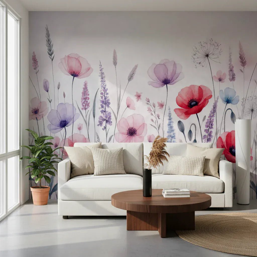 Watercolor Bloomscape Wall Mural with soft pastel flowers, GD8055
