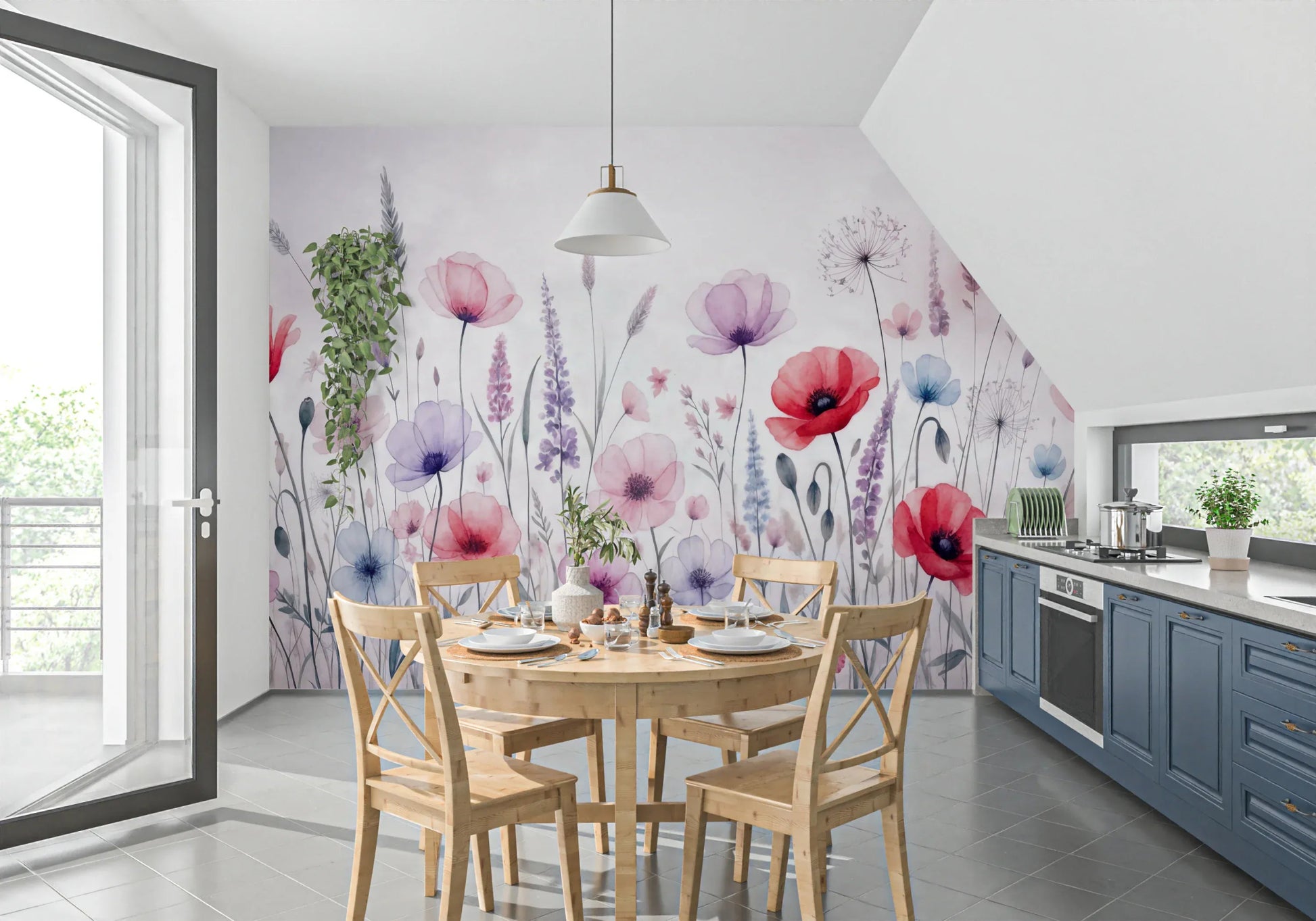 Watercolor Bloomscape Wall Mural with gentle botanicals