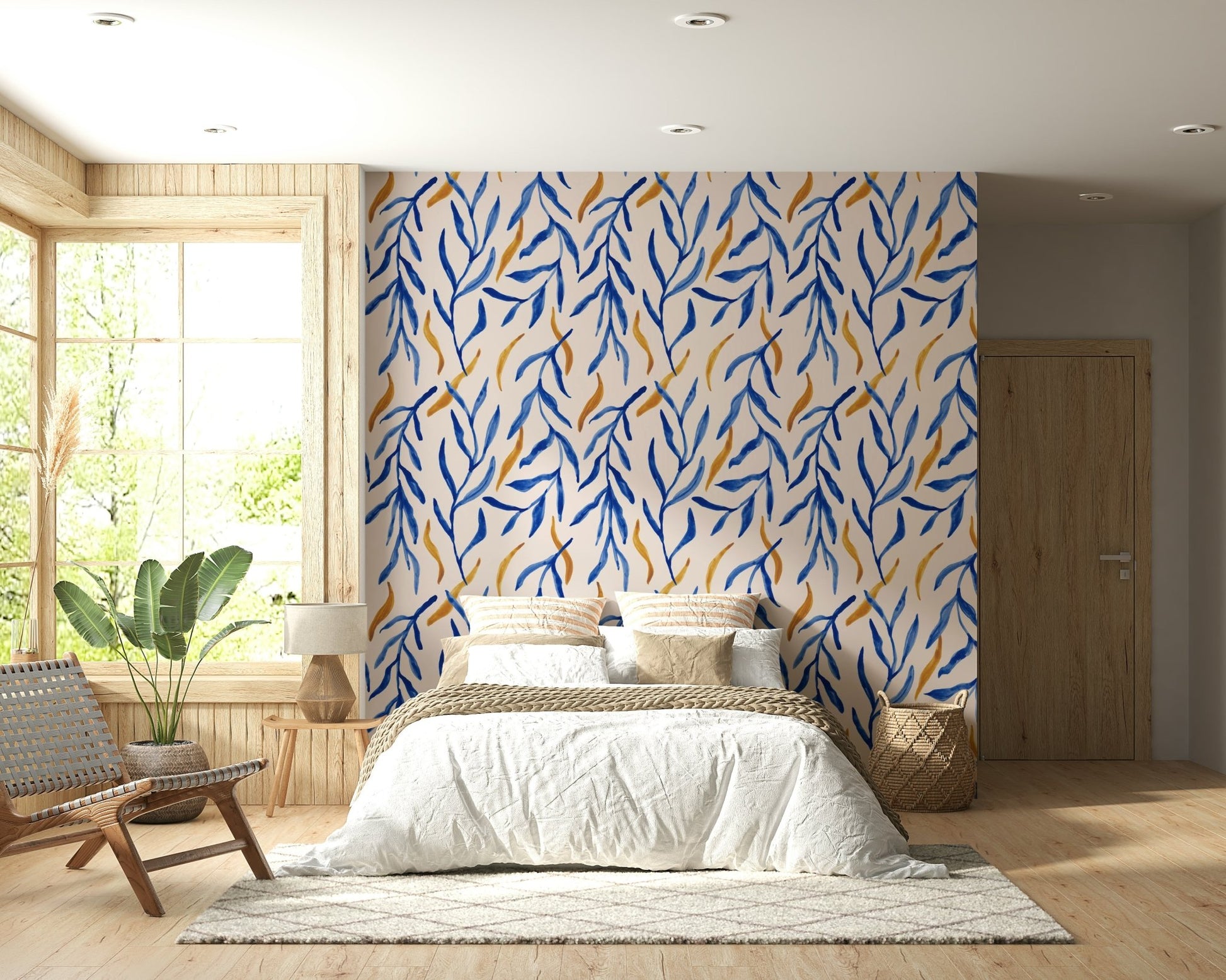 Unique leaf design of the Watercolor Blue & Gold Botanical Wallpaper for walls., GD6514