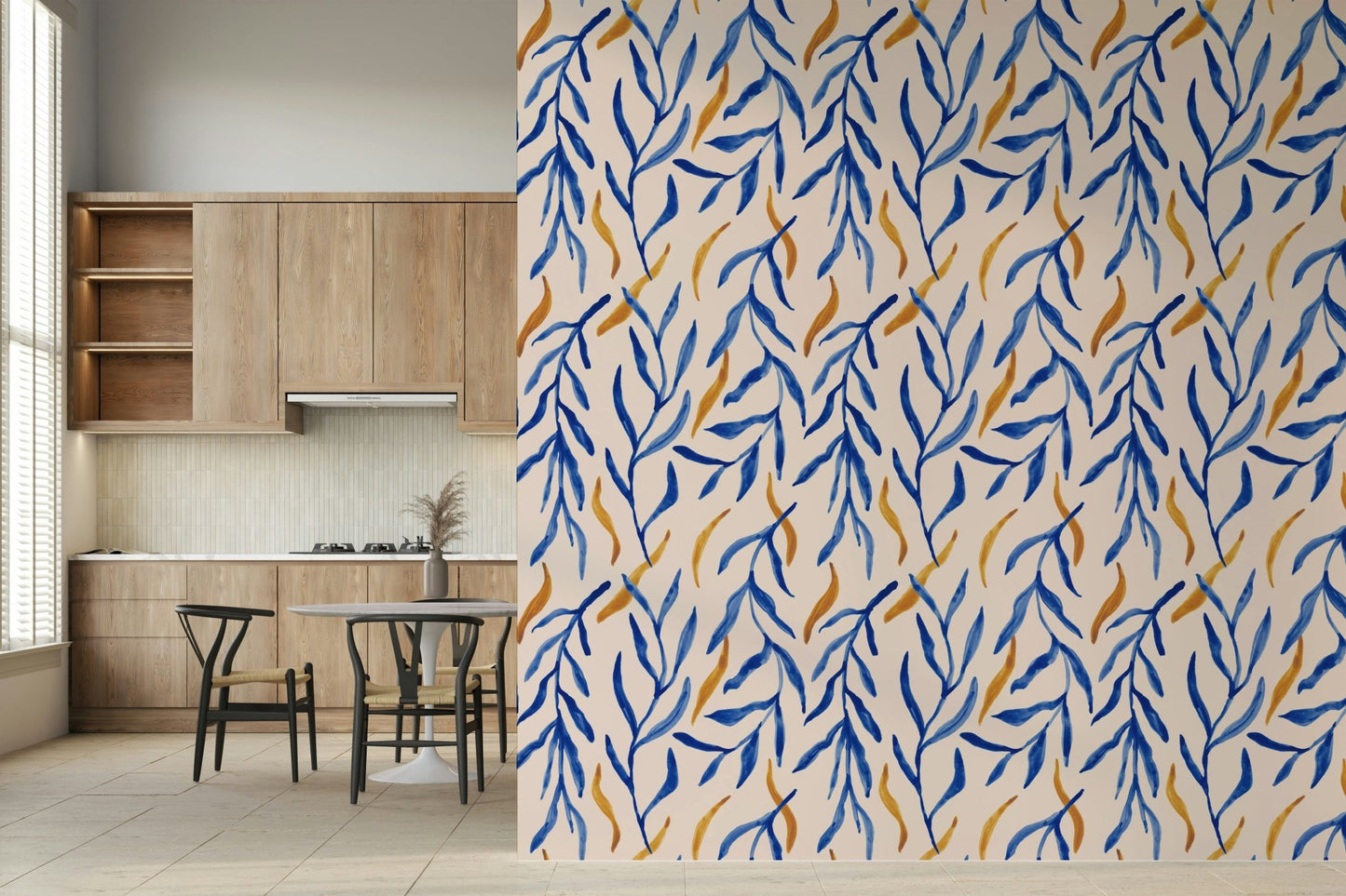Wide room perspective featuring the stylish Watercolor Blue & Gold Botanical Wallpaper., GD6514