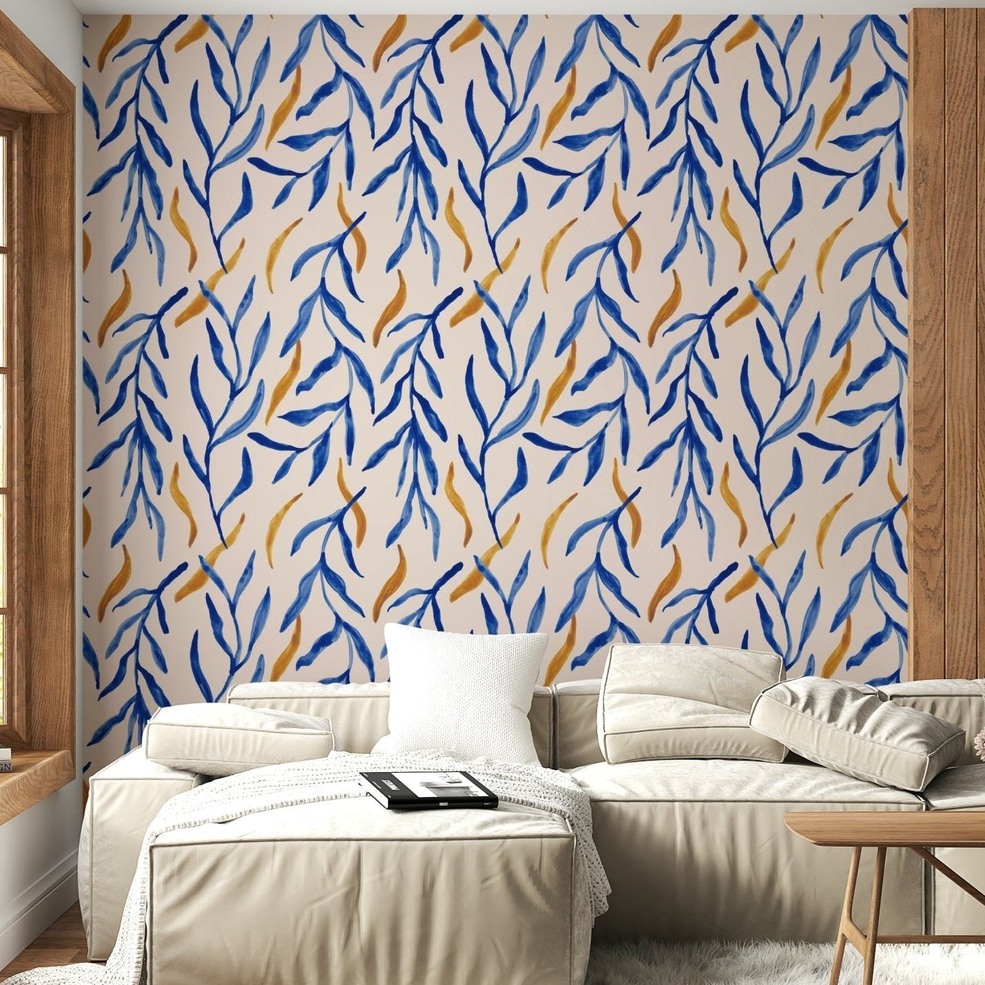 Designer interior featuring the chic Watercolor Blue & Gold Botanical Wallpaper., GD6514