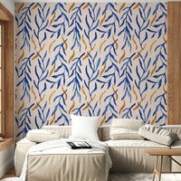 Designer interior featuring the chic Watercolor Blue & Gold Botanical Wallpaper., GD6514