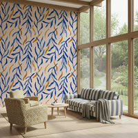 Simple brushstroke leaves on Watercolor Blue & Gold Botanical Wallpaper., GD6514