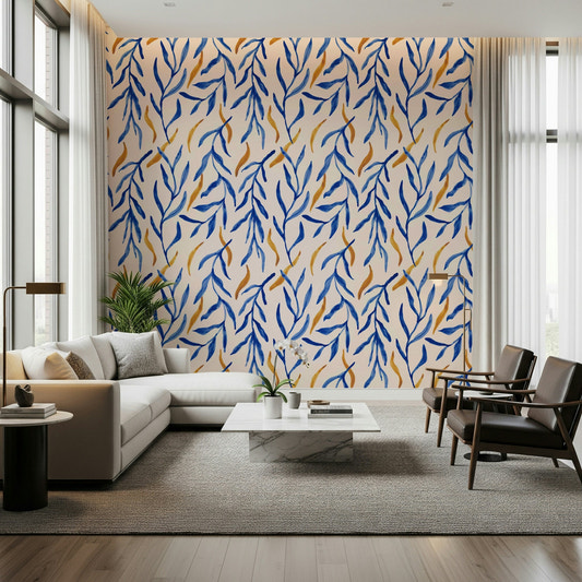 Artistic blue and gold leaves on Watercolor Blue & Gold Botanical Wallpaper.
