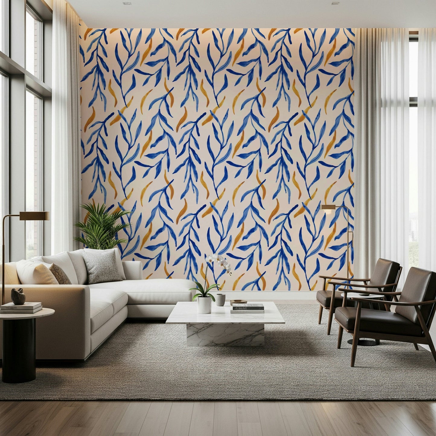 Artistic blue and gold leaves on Watercolor Blue & Gold Botanical Wallpaper., GD6514