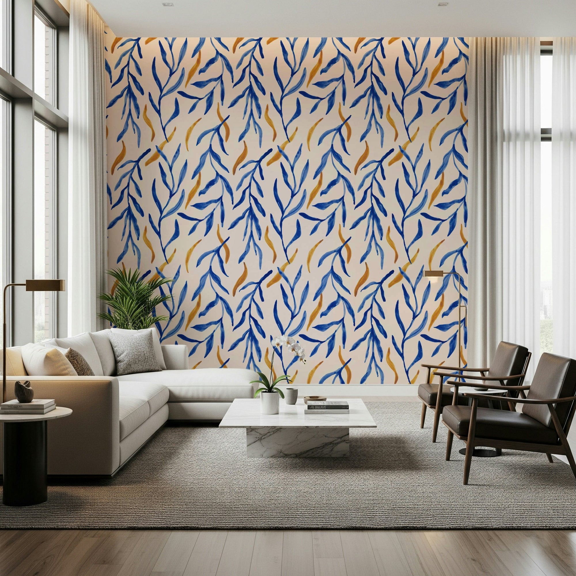 Artistic blue and gold leaves on Watercolor Blue & Gold Botanical Wallpaper., GD6514