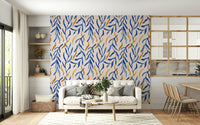 Abstract plant stems on the Watercolor Blue & Gold Botanical Wallpaper mural., GD6514