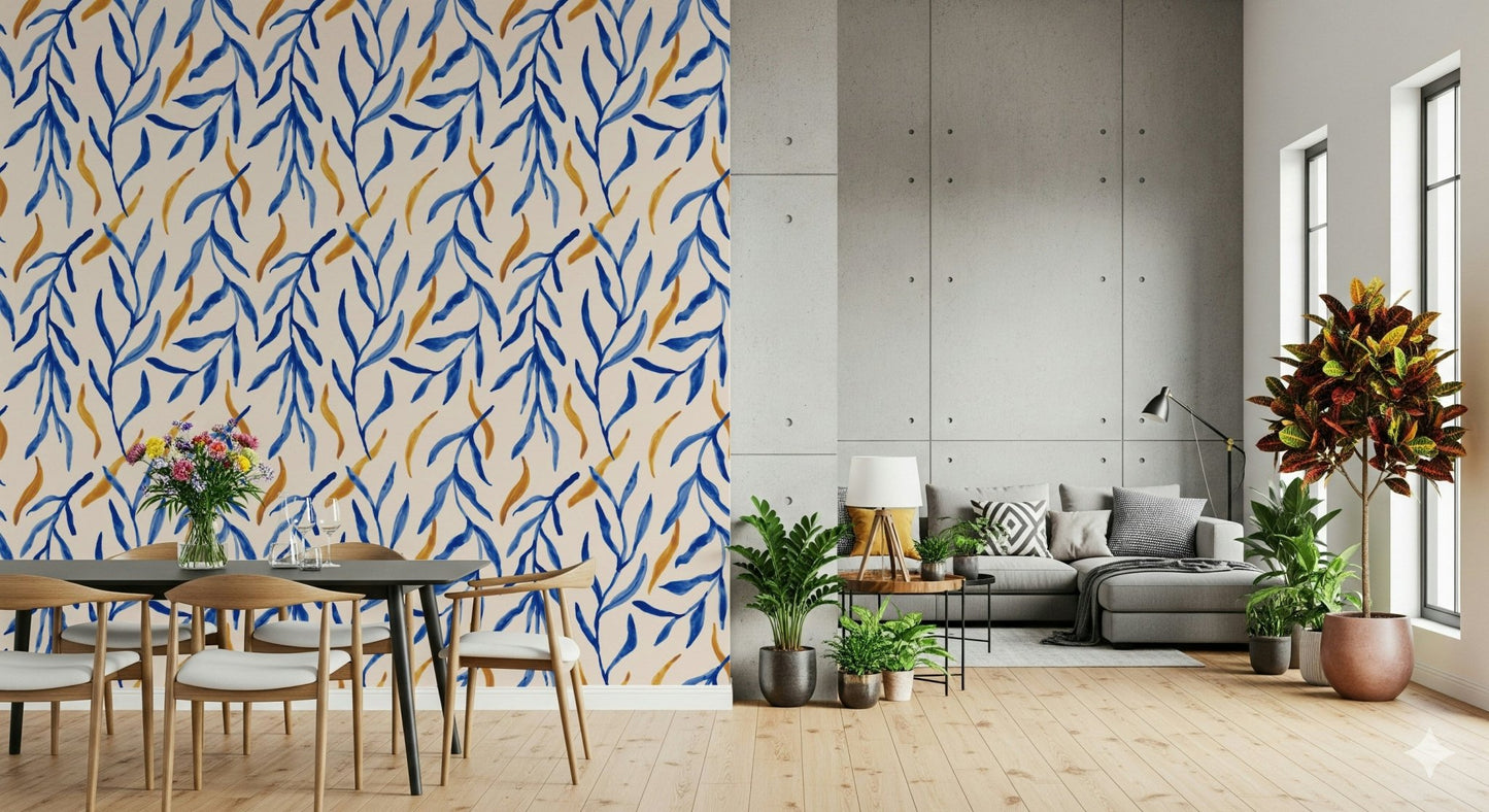 Bold watercolor botanical pattern of the Watercolor Blue & Gold Botanical Wallpaper., GD6514