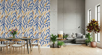 Bold watercolor botanical pattern of the Watercolor Blue & Gold Botanical Wallpaper., GD6514