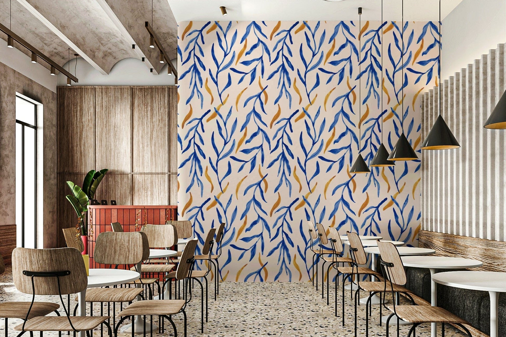 Blue and yellow botanical mural wallpaper with leaves., GD6514