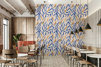 Blue and yellow botanical mural wallpaper with leaves., GD6514