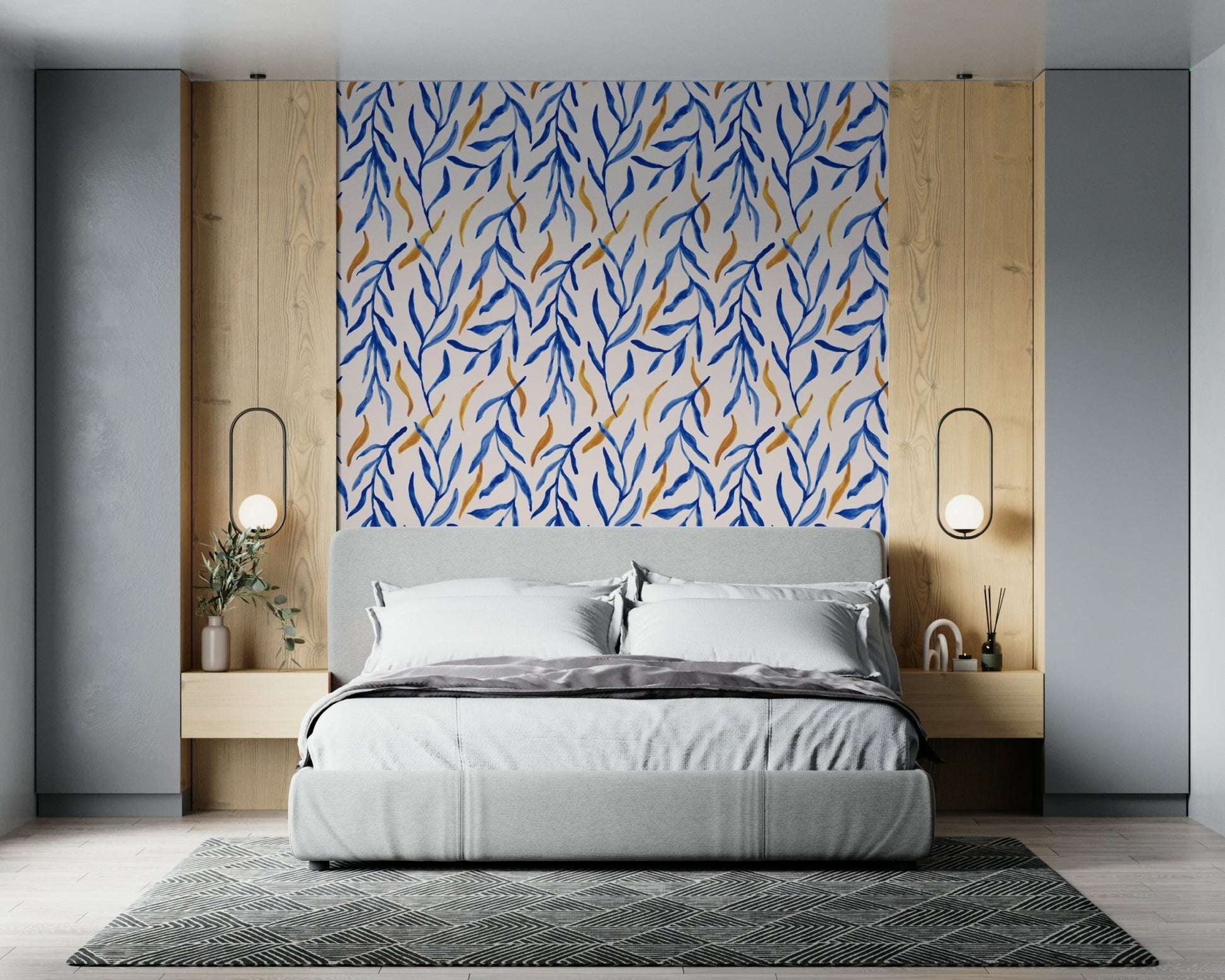 Textured watercolor style of the appealing Watercolor Blue & Gold Botanical Wallpaper print., GD6514