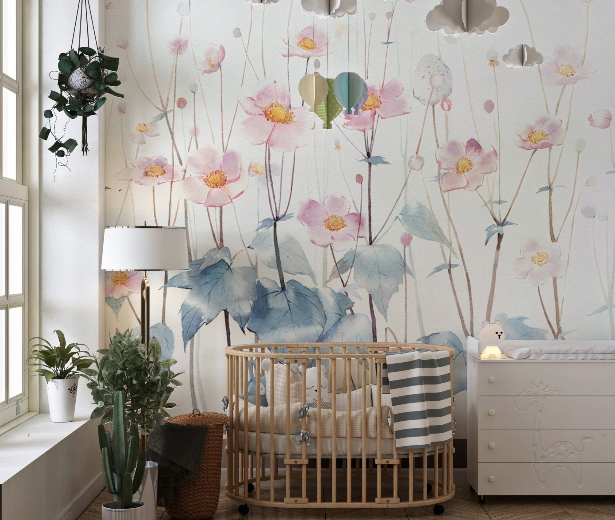 Watercolor blue leaves Pink Petals Wall Mural B575