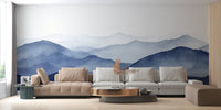 Soft blue mountain mural creates a calm living room atmosphere C462