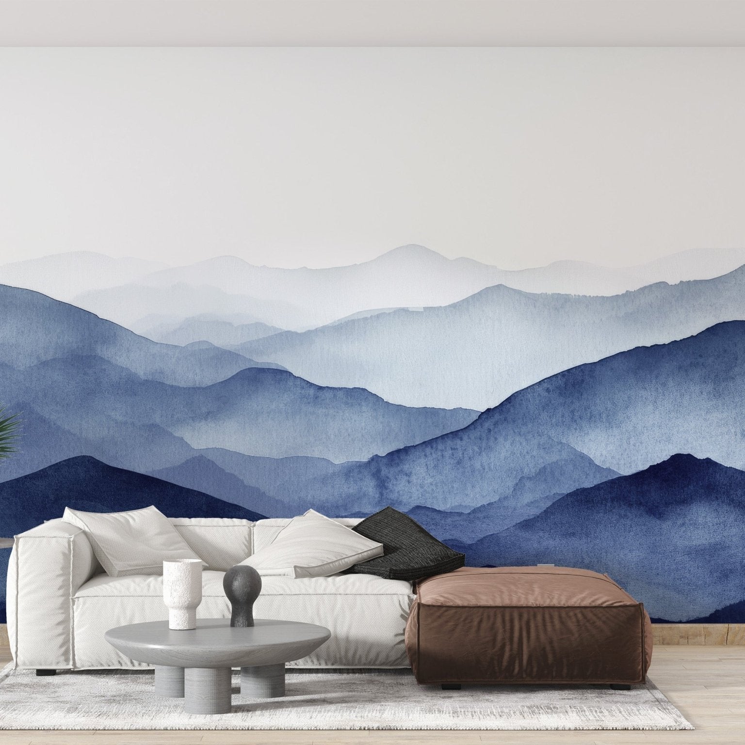 Serene blue mountains wallpaper elevates living room decor C462