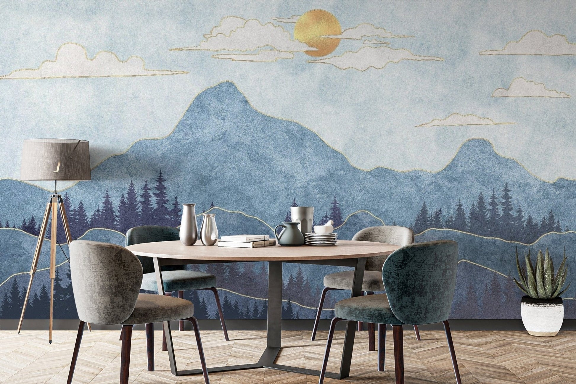 Serene Watercolor Blue Mountain Wall Mural Design mountain-28