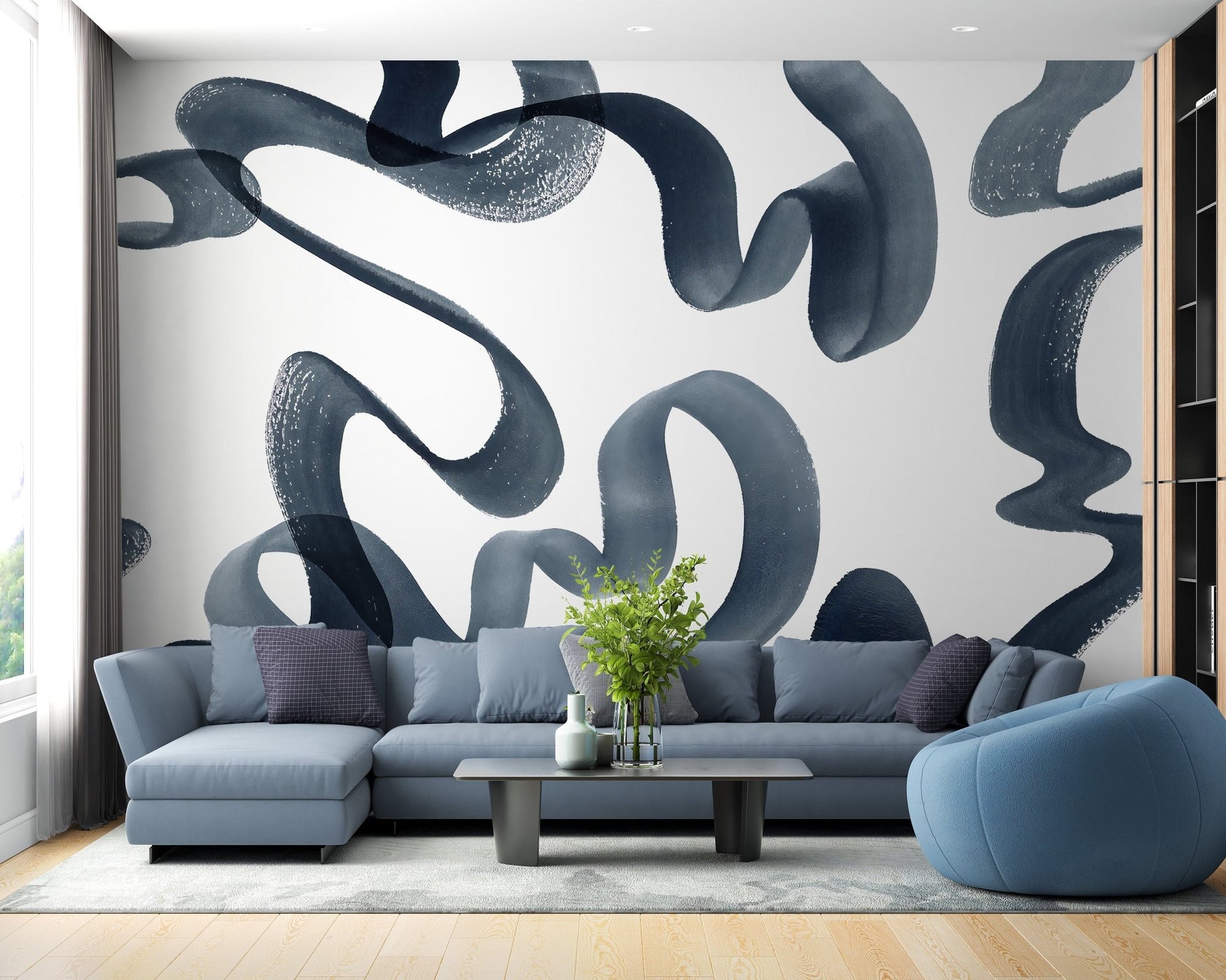 Elegant blue swirls watercolor wallpaper for modern interiors, C22