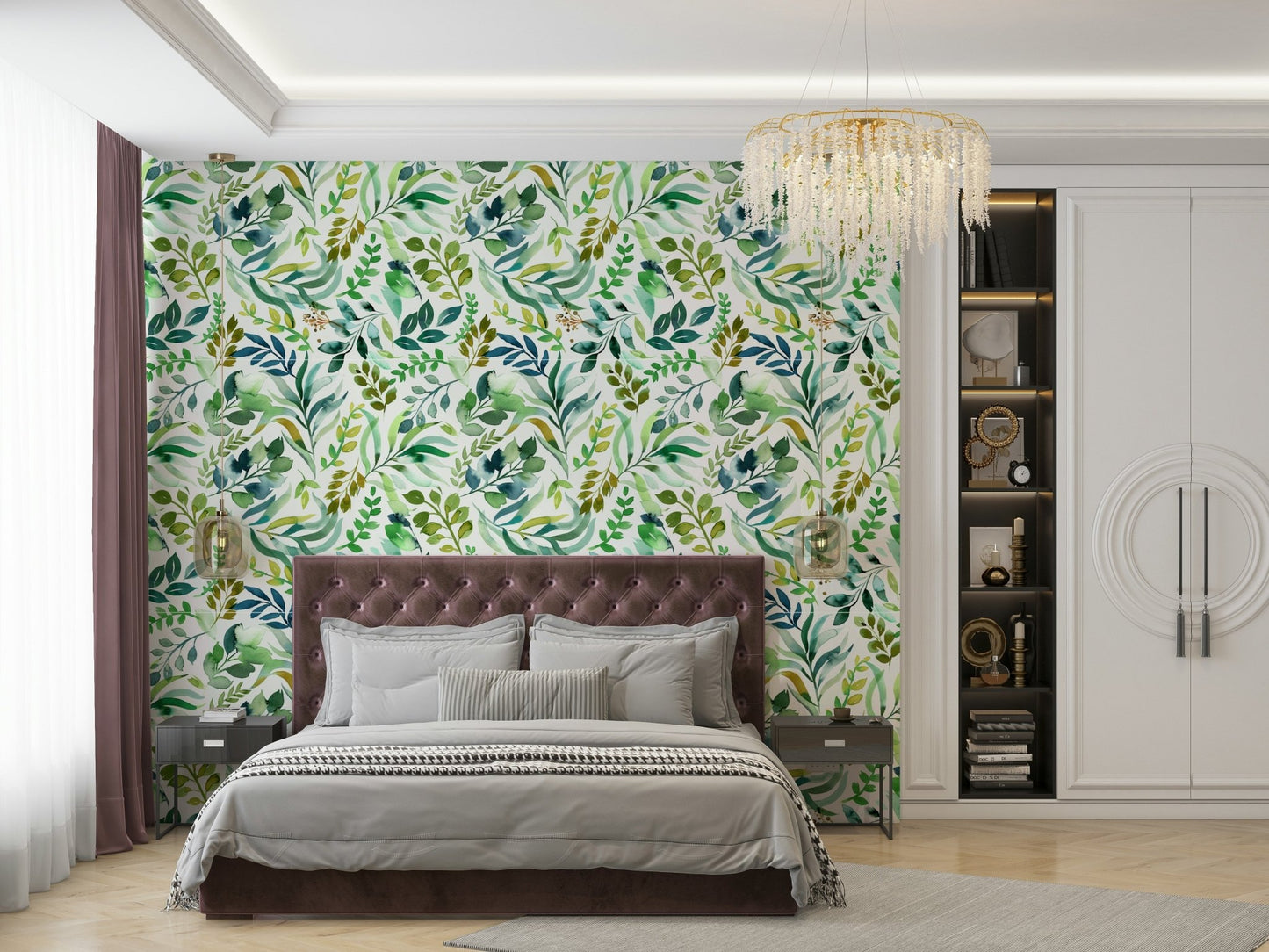 Watercolor botanical leaves wallpaper in soft tones, GD1540