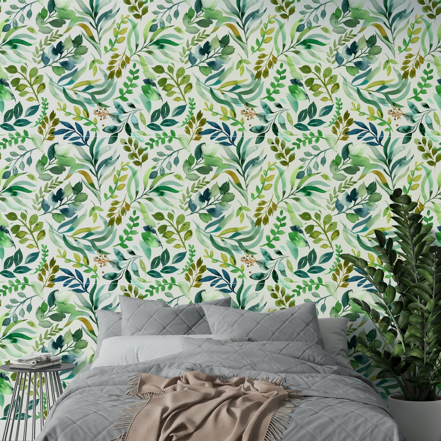 Hand-painted leaf mural with natural greenery, GD1540