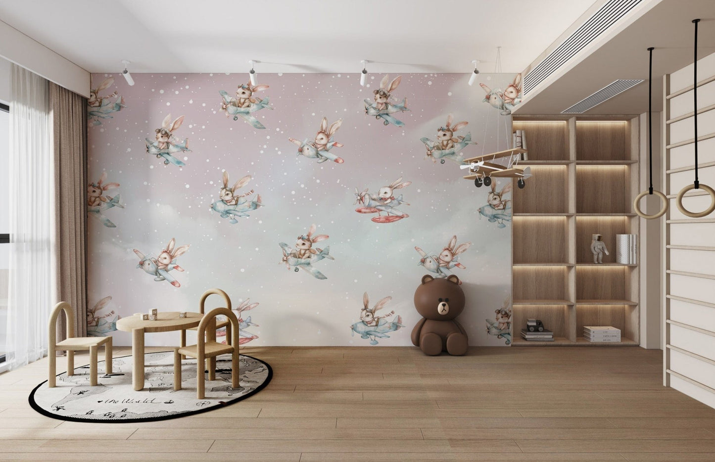 Whimsical aviation-themed kids wallpaper
