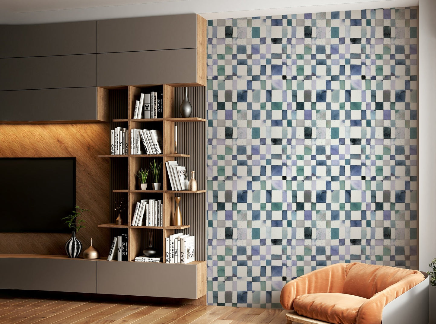 Watercolor checkered mural in varying blue shades

