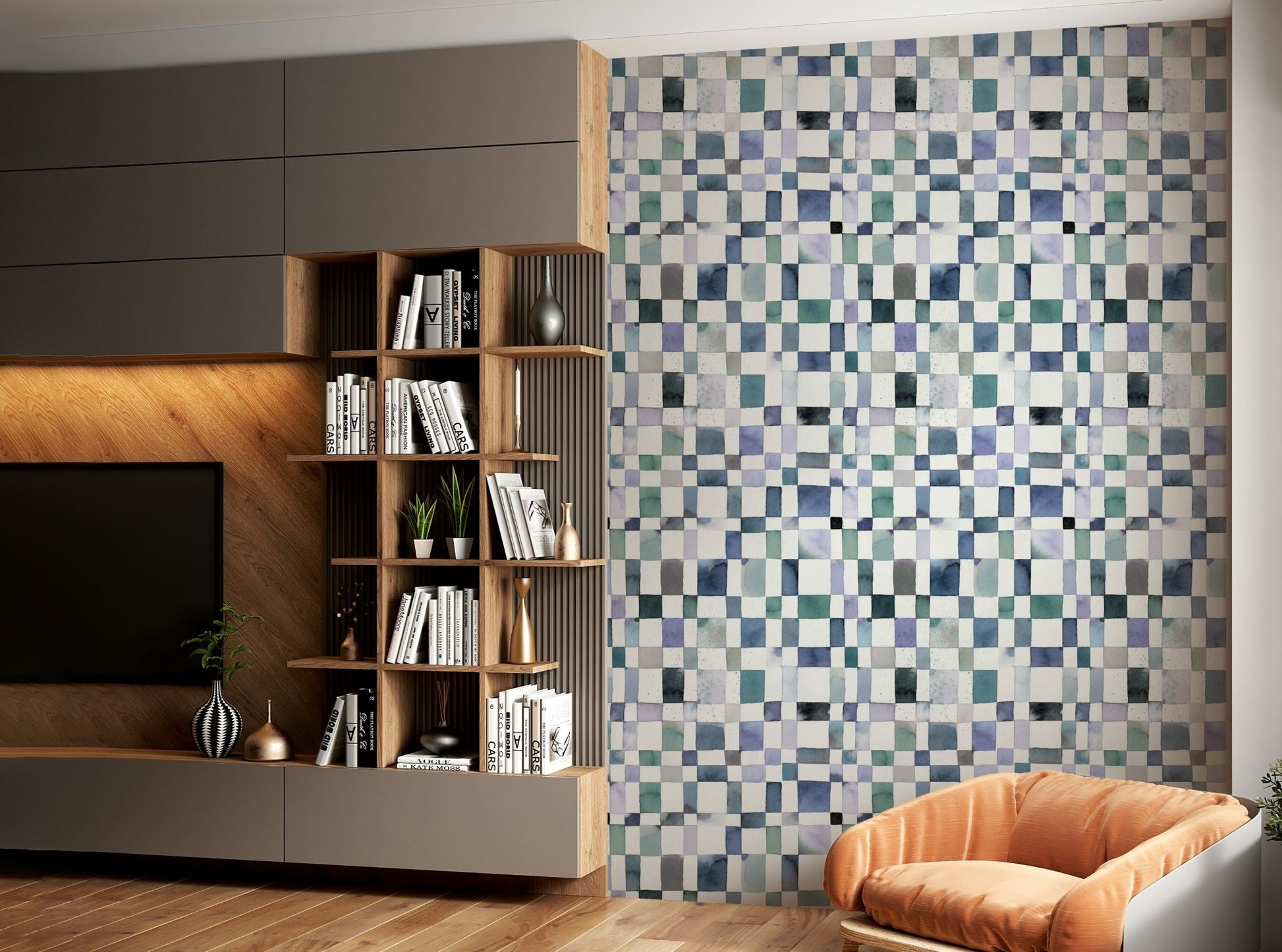 Watercolor checkered mural in varying blue shades

