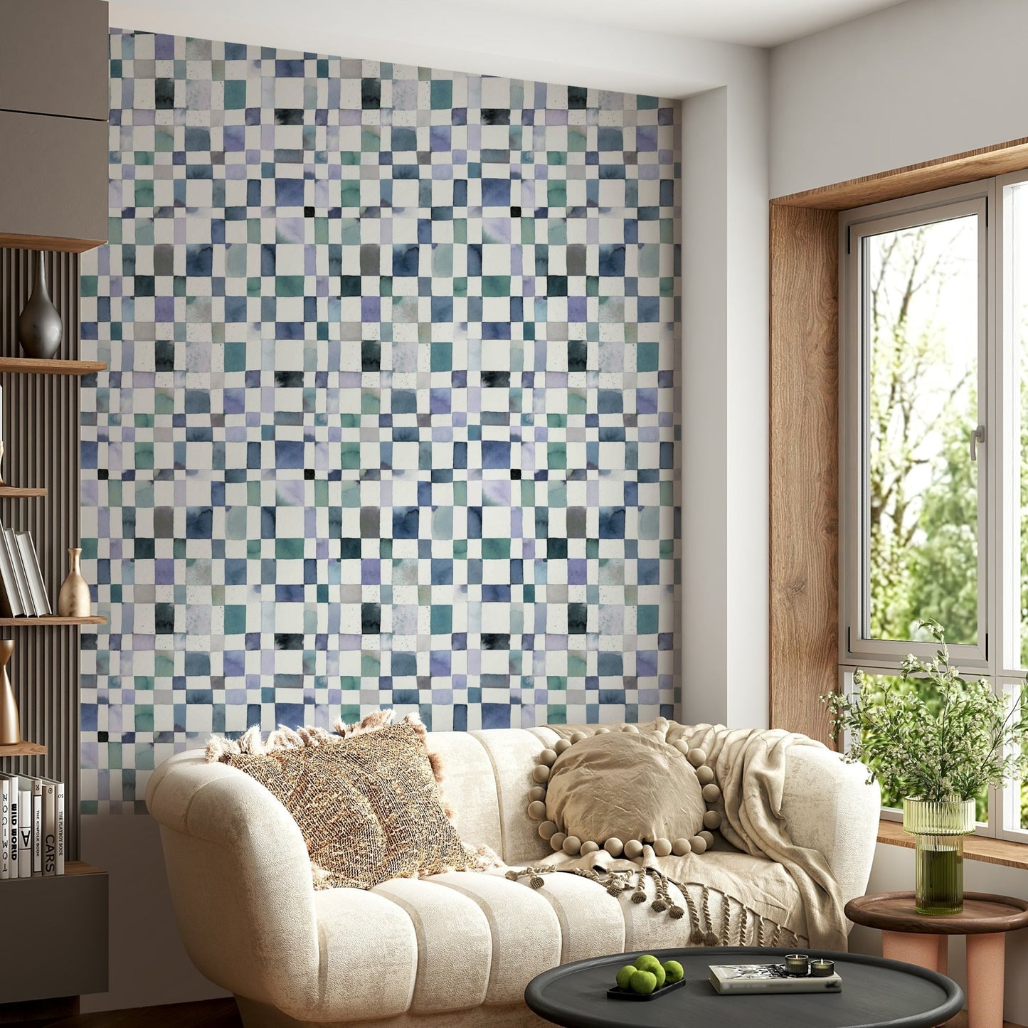Hand-painted checkerboard wall design

