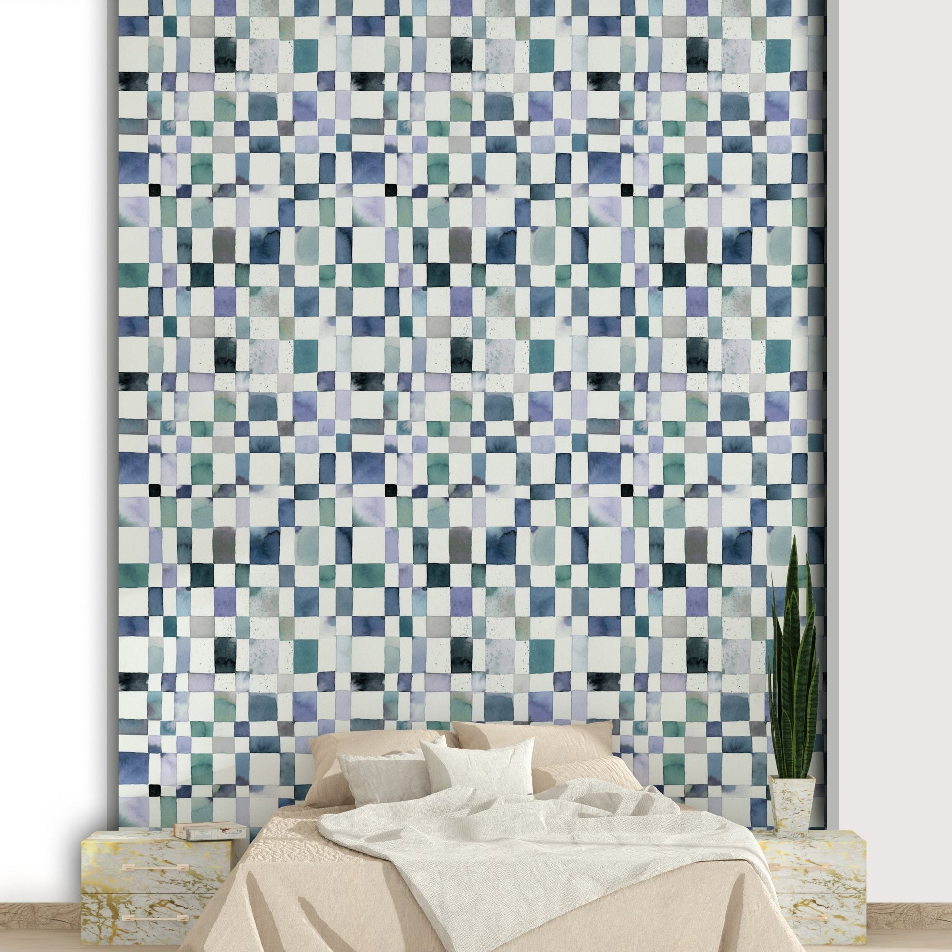 Geometric check pattern in soft blue tones

