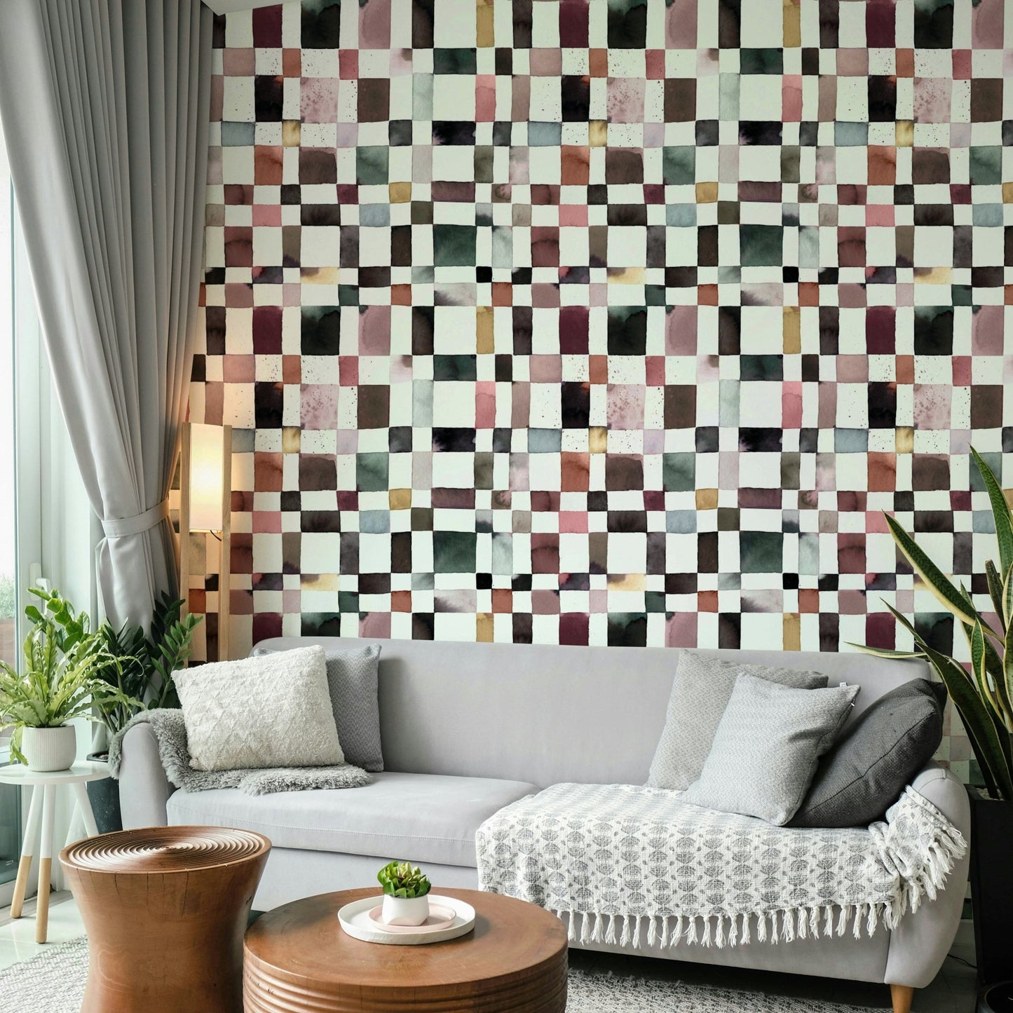 Geometric grid wallpaper with artistic finish

