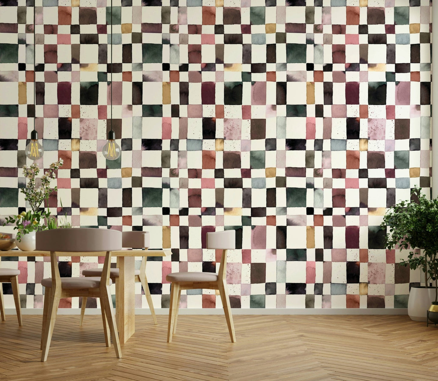 Watercolor check pattern wallpaper in muted colors

