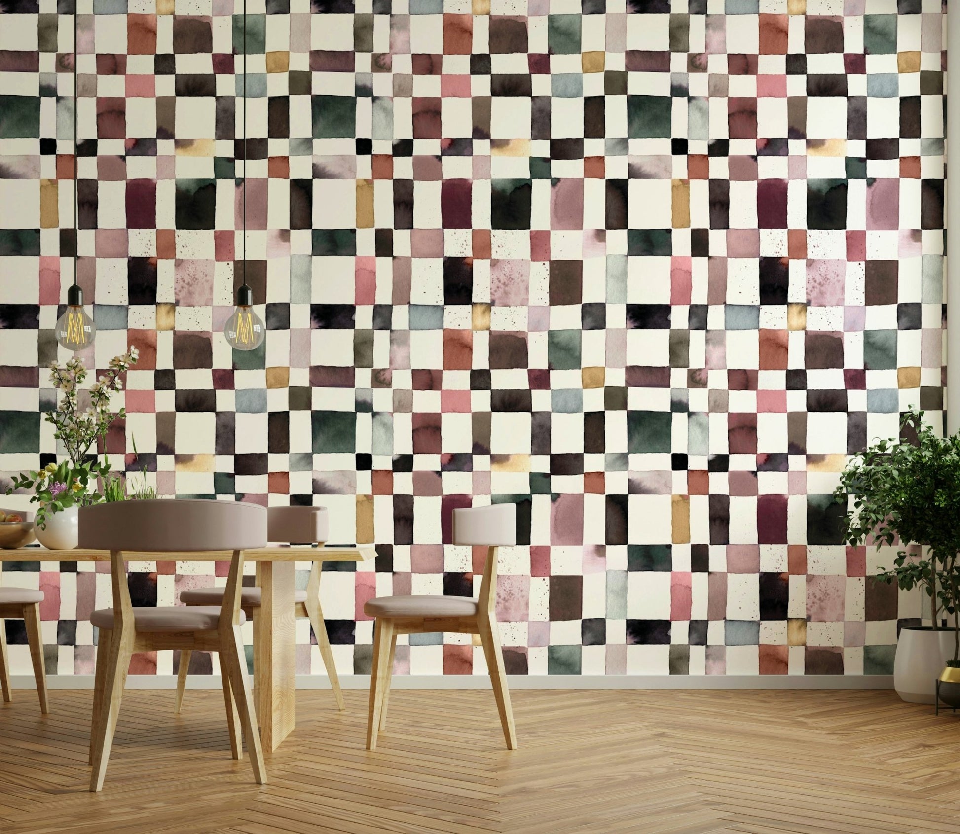 Watercolor check pattern wallpaper in muted colors

