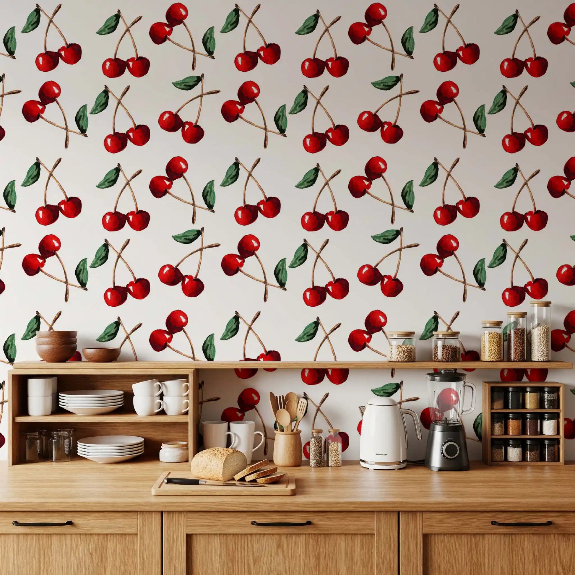 Watercolor Cherries wallpaper adds a fresh look to this kitchen⁠GD9449