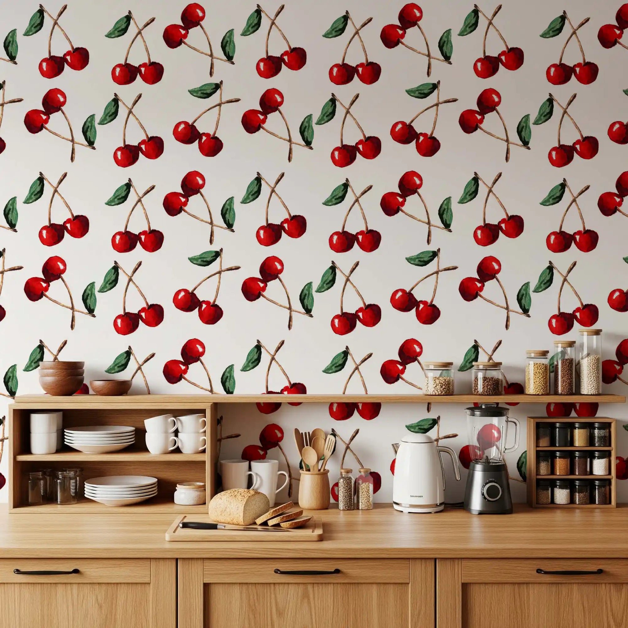 Watercolor Cherries wallpaper adds a fresh look to this kitchen⁠GD9449