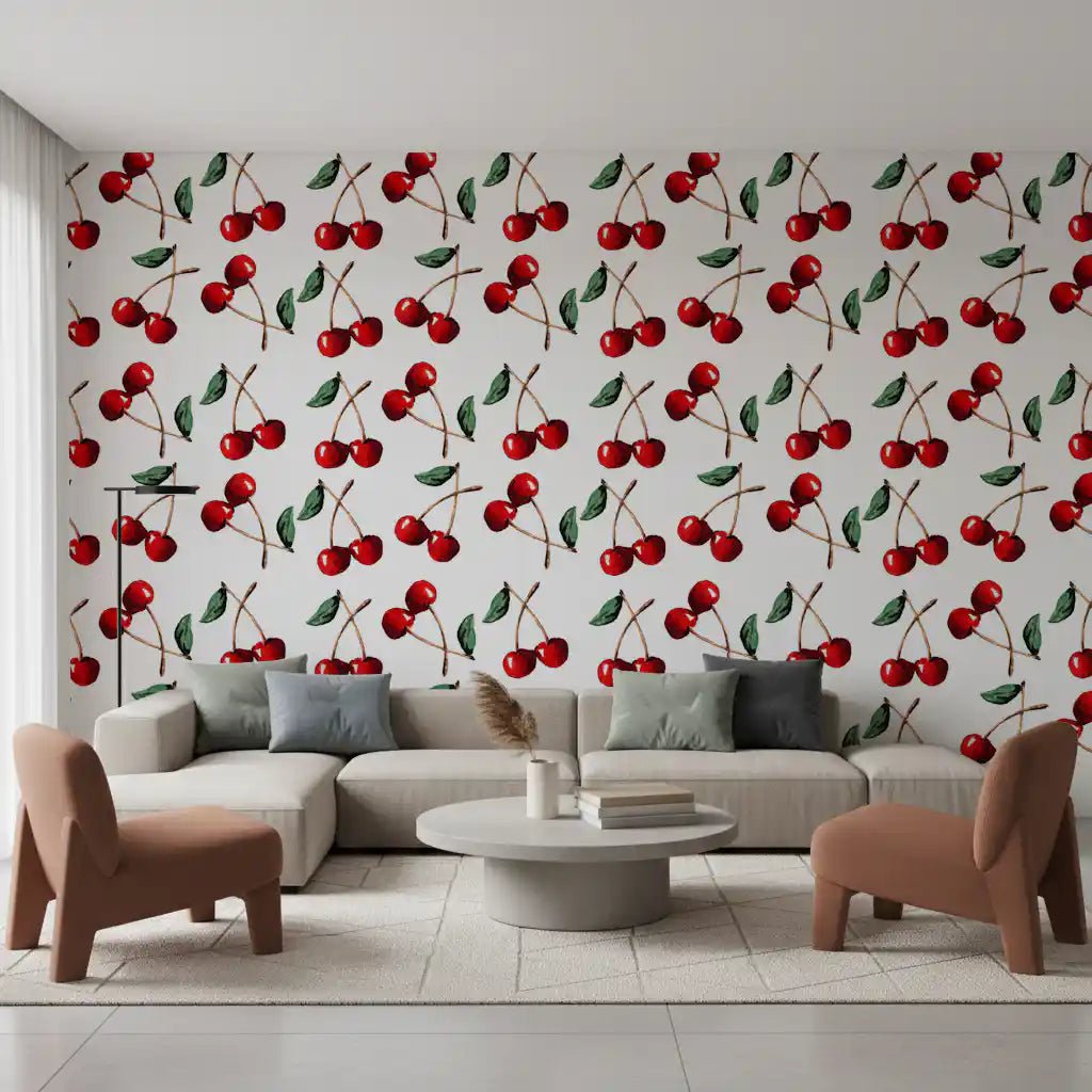 Red Watercolor Cherries wallpaper within a spacious living roomGD9449