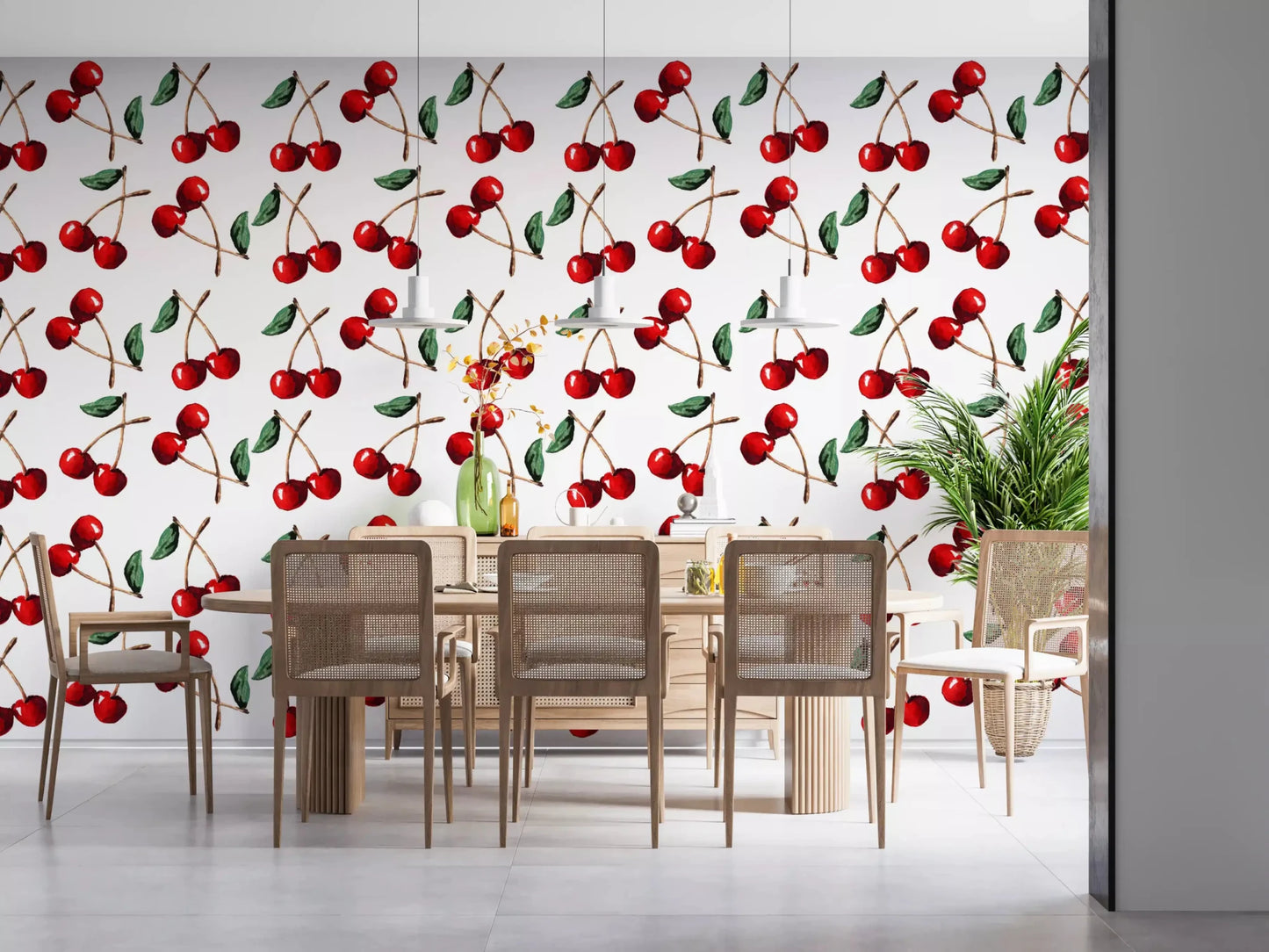 Hand-painted red fruit on this Watercolor Cherries wallpaperGD9449