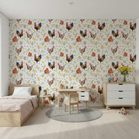 Countryside charm with Watercolor Chicken Coop peel and stick wallpaper.