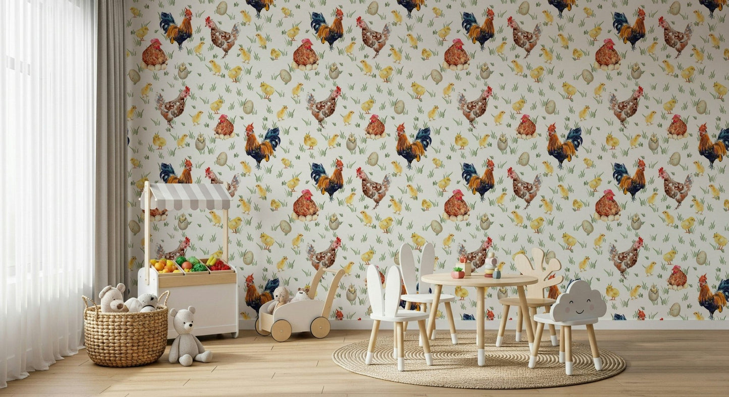 Vintage agriculture aesthetic Watercolor Chicken Coop peel and stick wallpaper.